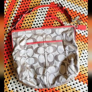 Coach Coral Pink Orange Signature Tote Tan Brown Jacquard Shoulder Bag